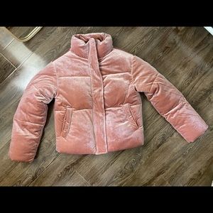 Crushed pink velvet spring puffer jacket